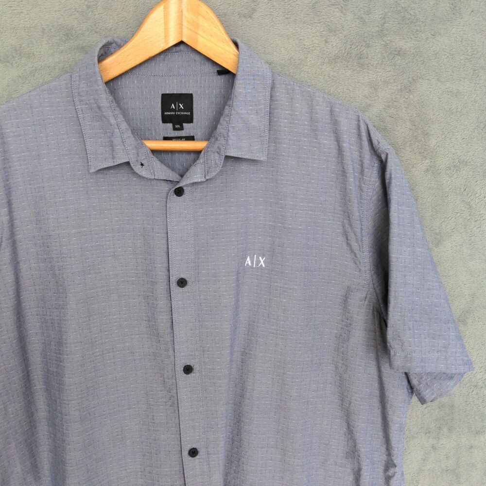 Armani Exchange Button Up Shirt Mens 2XL Blue Gray Short Sleeve Casual Preppy